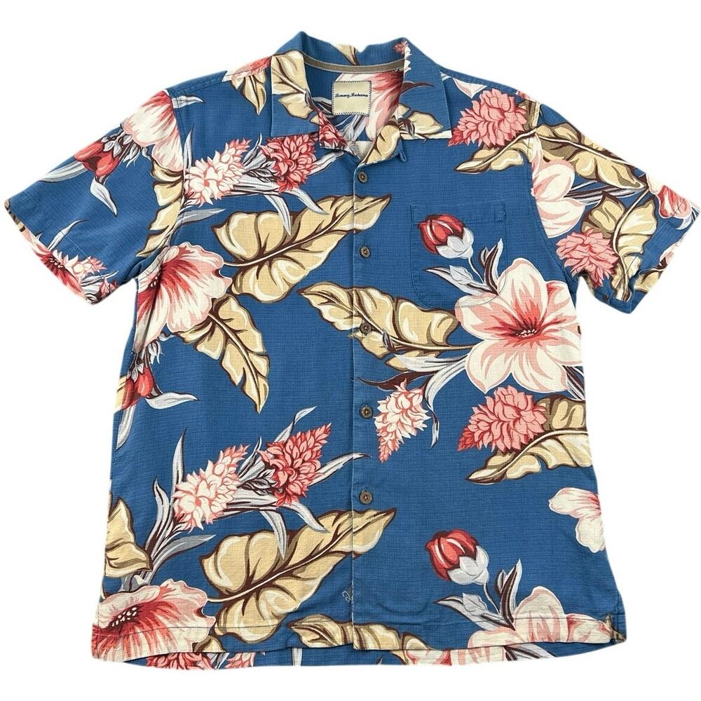 Tommy Bahama Men’s 100% Silk Blue Floral Hawaiian Camp Shirt M